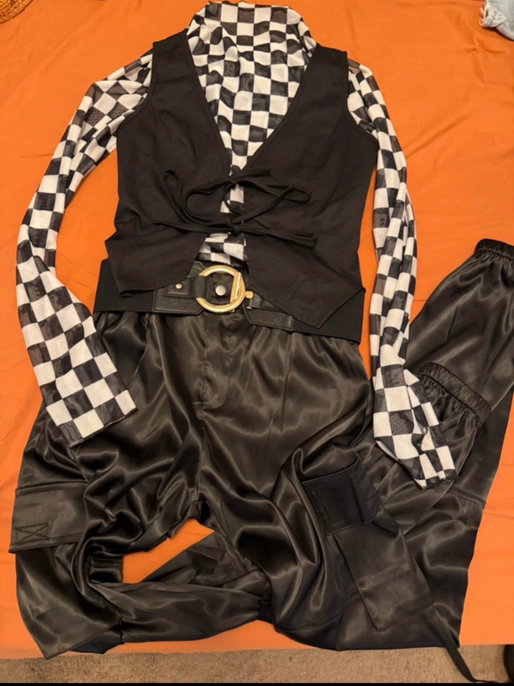 Outfit Black Satin Cargo Joggers with Checker Knit Top